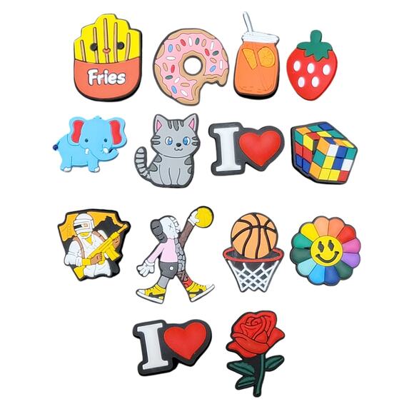 Shoe Charms Lot 14 Pc Food Animals Basketball Rubiks Cube Rose Flower Bundle - Picture 1 of 5